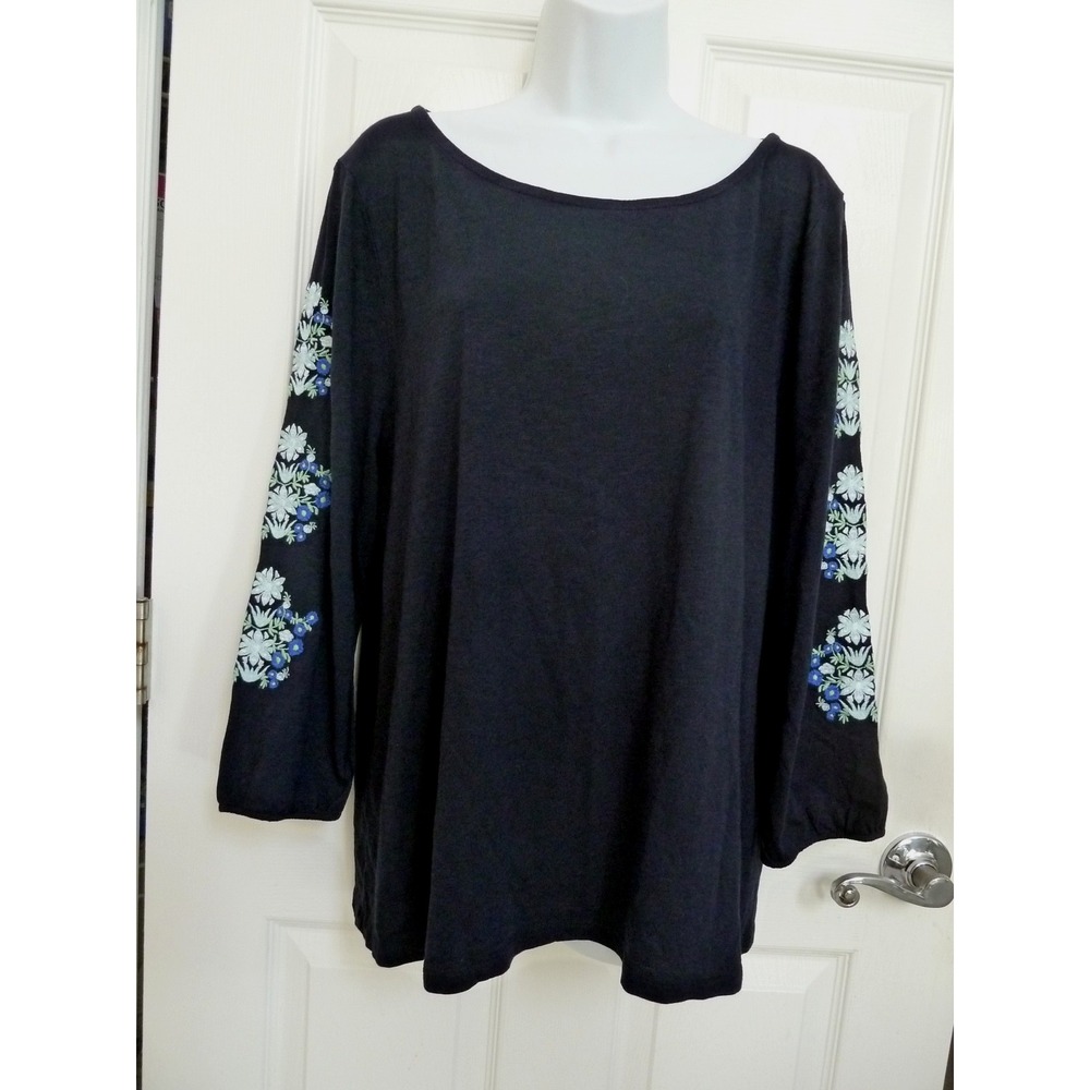 Talbots XL 16/18 Navy Blue Floral Embroidered Sleeve Boho Peasant Pullover Top